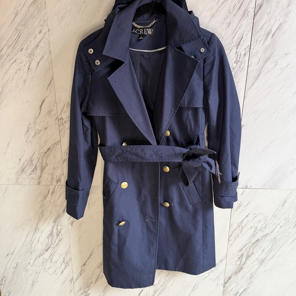 J. Crew Navy Icon Double-Breasted Belted Hooded Cotton Petite Trench Coat SZ 2P - Picture 2 of 13